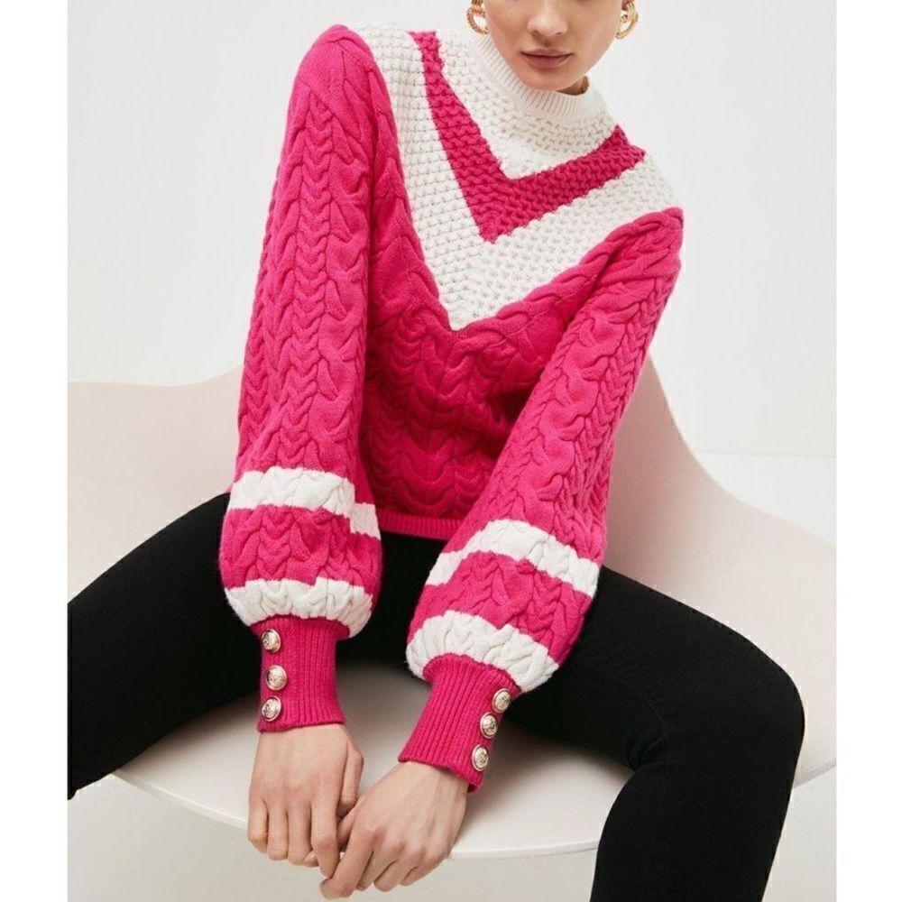 Karen Millen Cable Knit Mock Neck Pullover Sweater Pink S